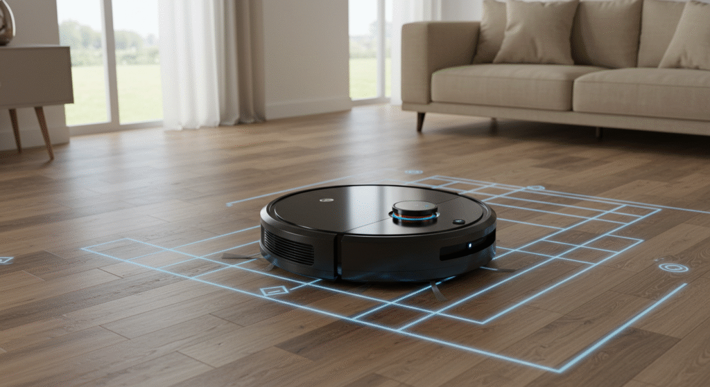 Aspirador robô inteligente limpando automaticamente uma sala moderna, com mapeamento 3D do ambiente exibido em um aplicativo de celular.