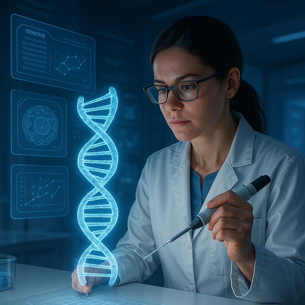 Cientista analisando um holograma 3D de DNA em um laboratório de alta tecnologia, com gráficos de sequências genéticas e células exibidos em telas digitais ao fundo.