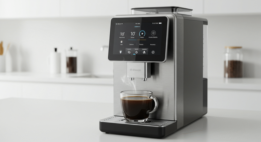 Cafeteira inteligente e moderna em uma cozinha minimalista.