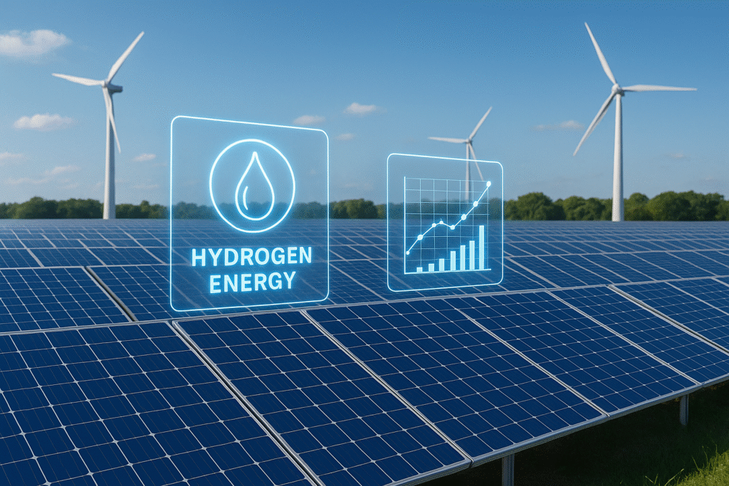 Fazenda solar com painéis fotovoltaicos alinhados sob o sol, ao fundo turbinas eólicas e gráficos digitais flutuantes indicando produção de energia e hidrogênio verde.
