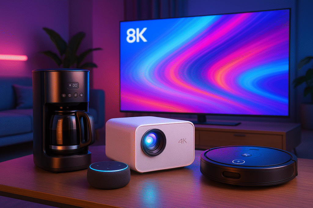 Imagem de uma sala de estar futurista com gadgets de tecnologia, incluindo um aspirador robô, TV 8K, cafeteira inteligente, projetor 4K e assistente virtual, transmitindo inovação e modernidade.