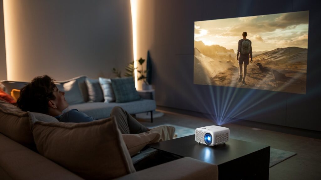 Homem assistindo a um filme projetado na parede usando um mini projetor 4K portátil com Android TV em uma sala moderna e aconchegante.
