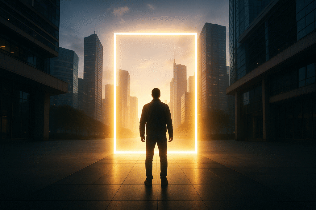 Homem de costas diante de um portal luminoso em meio a uma cidade futurista ao entardecer, simbolizando a entrada em uma nova era tecnológica.