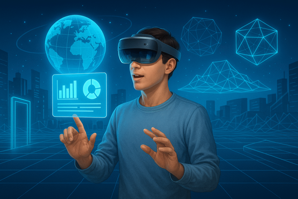 Jovem usando headset de realidade mista em um ambiente digital com hologramas flutuantes, gráficos interativos e formas 3D, simbolizando a imersão no novo metaverso.