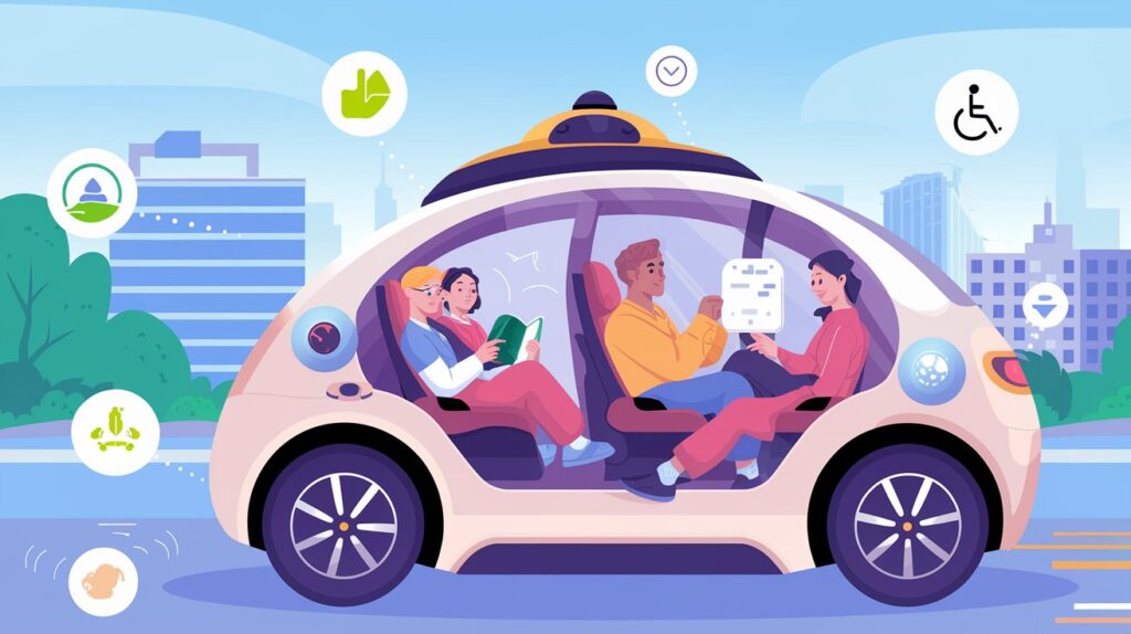 Ilustração mostrando pessoas aproveitando o tempo dentro de um carro autônomo em movimento, com ícones que representam os principais benefícios como segurança, conforto e acessibilidade.