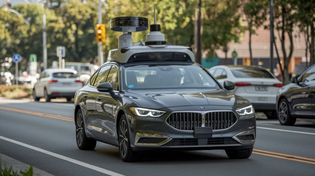 Carro autônomo moderno em movimento, sem motorista, utilizando tecnologia de direção automática com sensores e câmeras.