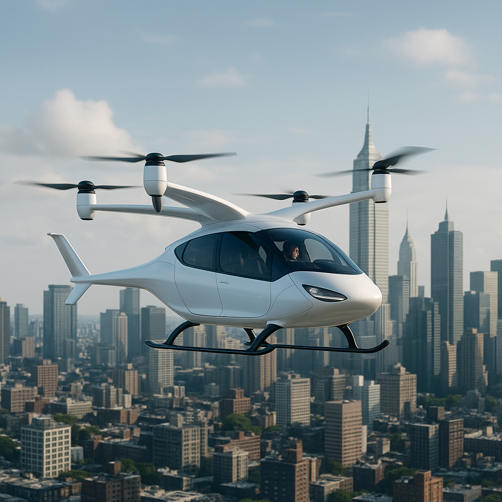 Carro voador branco tipo eVTOL sobrevoando uma cidade moderna com arranha-céus ao fundo em um dia claro.