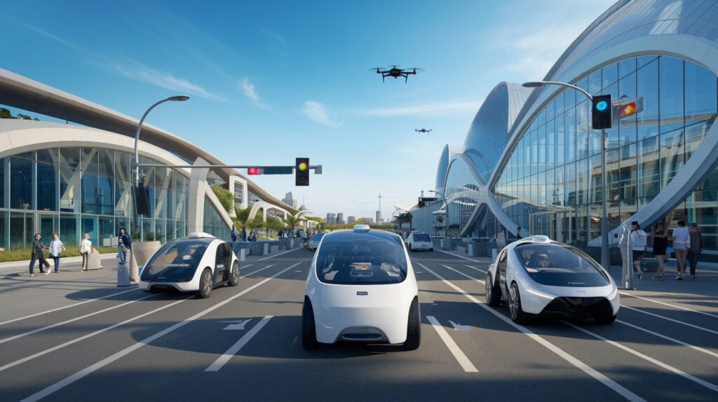 Cidade futurista com carros autônomos circulando, drones voando e pessoas convivendo em um ambiente moderno e tecnológico.