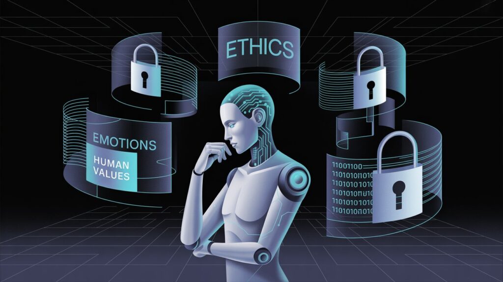 Imagem ilustrativa de uma inteligência artificial geral (AGI) humanoide enfrentando desafios complexos como aprendizado flexível, compreensão de contexto, ética, valores humanos e segurança.