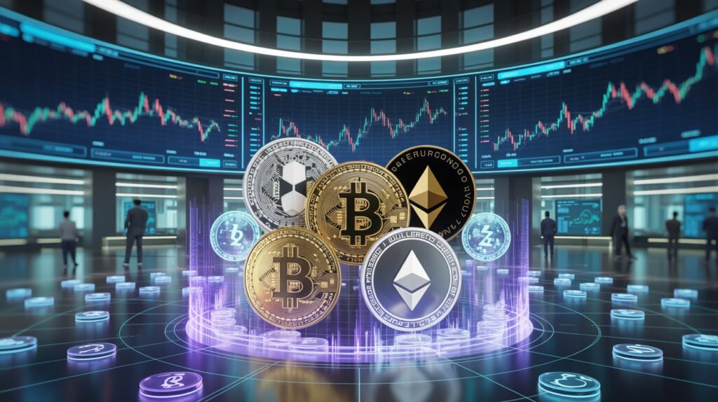 Arte digital futurista mostrando o mercado de criptomoedas em 2025