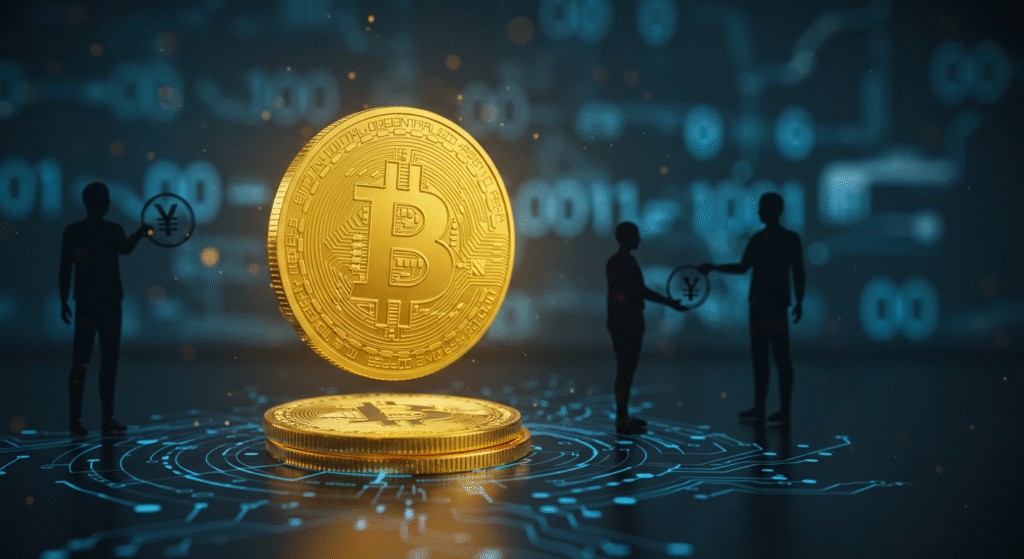 Ilustração de uma moeda Bitcoin dourada flutuando sobre um fundo tecnológico com circuitos azuis, representando a natureza digital e descentralizada da criptomoeda.