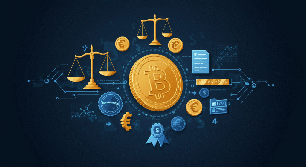Uma ilustração que representa a legalidade e regulamentação do Bitcoin, mostrando o seu logótipo cercado por uma balança da justiça e elementos de código e linhas digitais, simbolizando sua integração em um quadro legal e financeiro.
