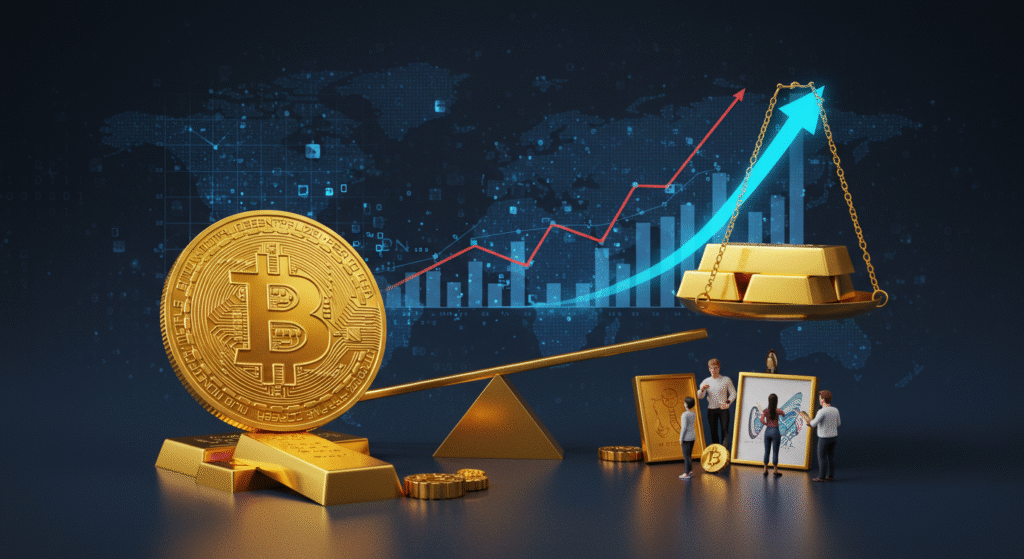 Ilustração digital simbólica mostrando um Bitcoin em uma balança com ouro e obras de arte, representando escassez e confiança, com gráficos e pessoas ao fundo simbolizando a valorização pela demanda.