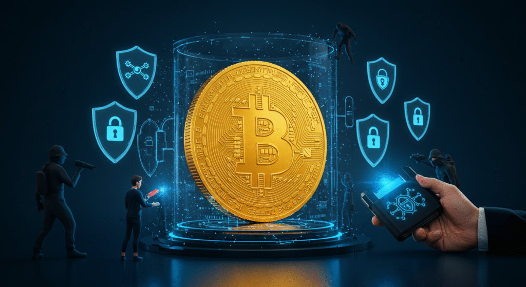 Ilustração digital de um Bitcoin protegido por cofres e cadeados tecnológicos, com tentativa de invasão por hackers sendo bloqueada, destacando a importância da segurança na hora de armazenar a criptomoeda.