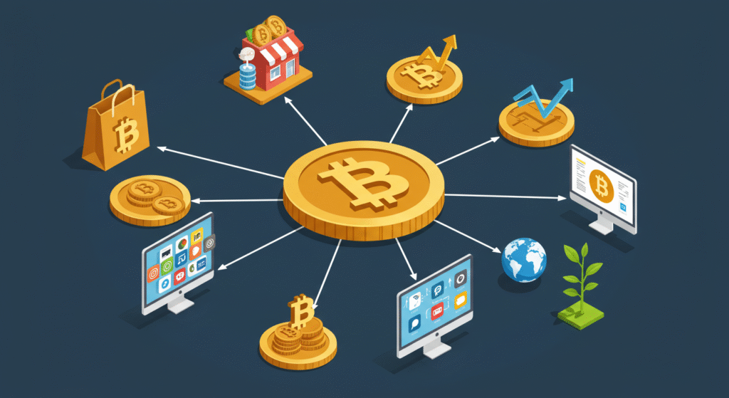 Uma ilustração moderna mostrando o logótipo do Bitcoin no centro, com ícones a irradiar para fora, representando o uso da criptomoeda para compras online, investimentos, transferências internacionais e pagamentos de serviços digitais.