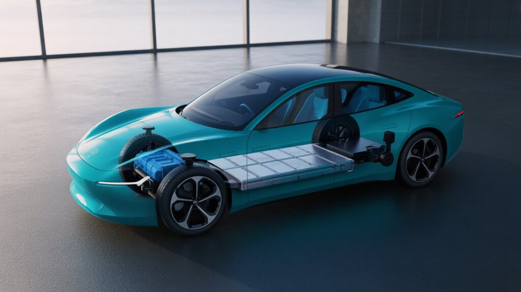Ilustração explicativa de um carro elétrico com a carroceria semi-transparente, mostrando o motor elétrico, a bateria. 