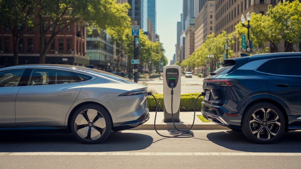Ilustração comparativa entre um carro elétrico e um carro híbrido