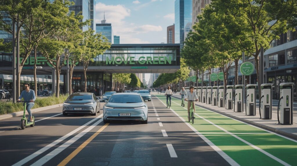 Cena urbana sustentável com carros elétricos, ciclistas e usuários de patinetes elétricos compartilhando ruas arborizadas, cercadas por edifícios modernos e áreas verdes, representando mobilidade sustentável no futuro.