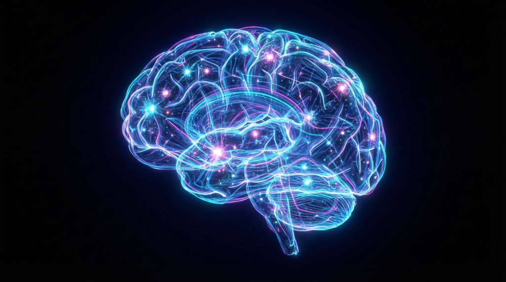 Cérebro humano digital futurista em néon azul e rosa, simbolizando inteligência artificial, neurociência, e conexões neurais.