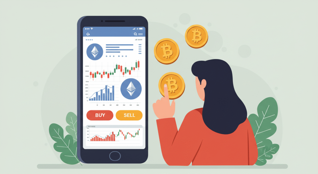 Pessoa usando aplicativo de exchange para comprar e vender criptomoedas como Bitcoin e Ethereum — passo a passo para começar a investir em cripto.