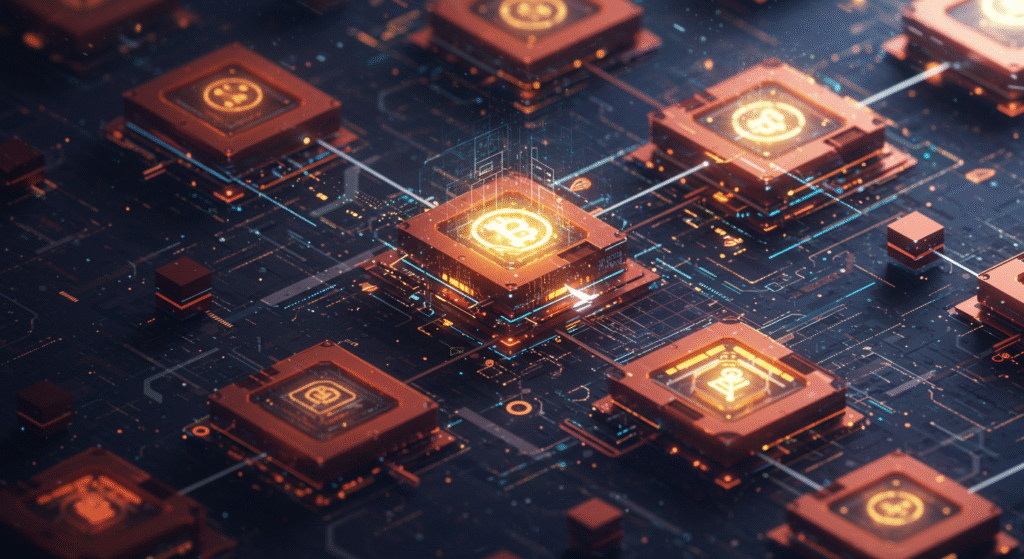 Ilustração conceitual da tecnologia blockchain com blocos conectados e rede segura — como funciona o sistema por trás das criptomoedas.