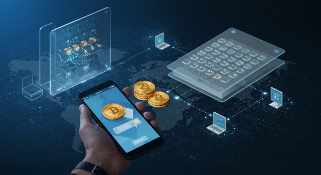 Ilustração conceitual de uma transação de Bitcoin, com uma pessoa usando um dispositivo digital e um grande livro-caixa digital ao fundo representando o blockchain, conectado a computadores ao redor do mundo.
