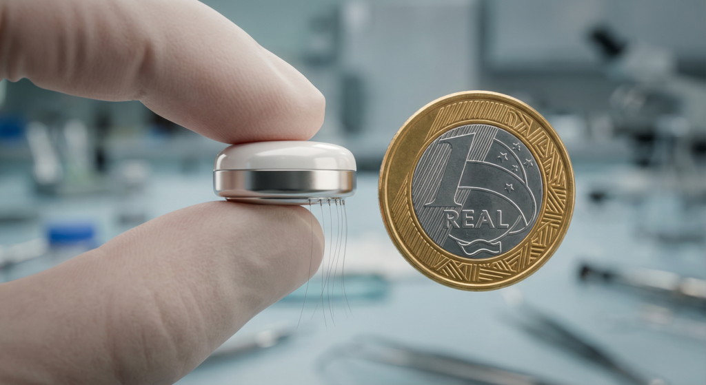 Comparação de tamanho do chip cerebral Neuralink ao lado de uma moeda de um real, destacando os eletrodos finos.