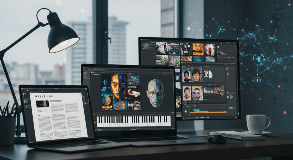 Computador em ambiente moderno exibindo diferentes aplicações de inteligência artificial: editor de texto, composição musical, criação de arte digital e edição de vídeo com rostos realistas, simbolizando a criatividade e inovação tecnológica.