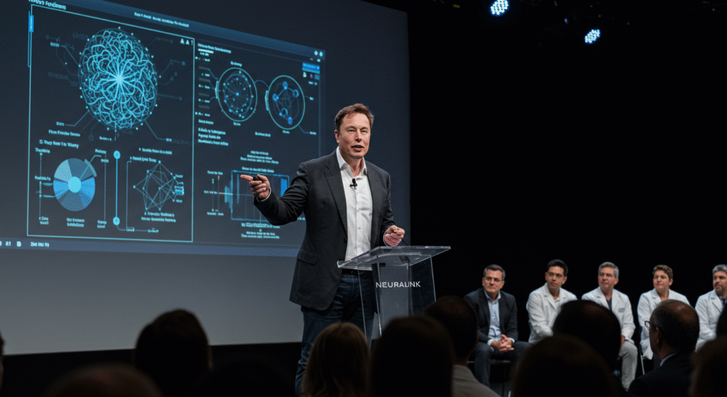 Elon Musk em um palco durante uma apresentação do Neuralink, falando sobre o chip cerebral e suas aplicações tecnológicas.
