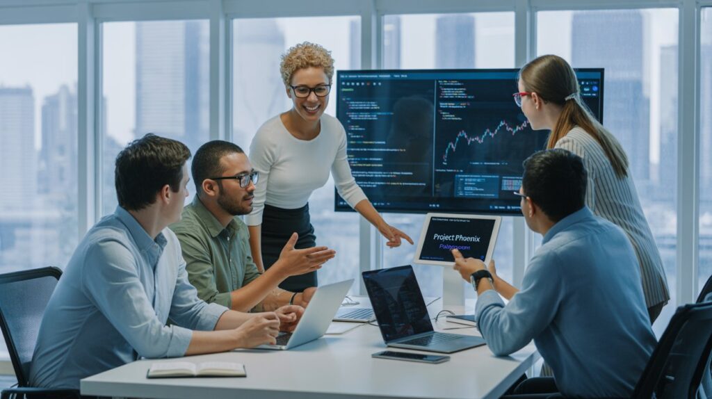 Equipe diversa colaborando em escritório moderno com computadores e assistente digital, simbolizando a parceria prática entre humanos e inteligência artificial no ambiente de trabalho