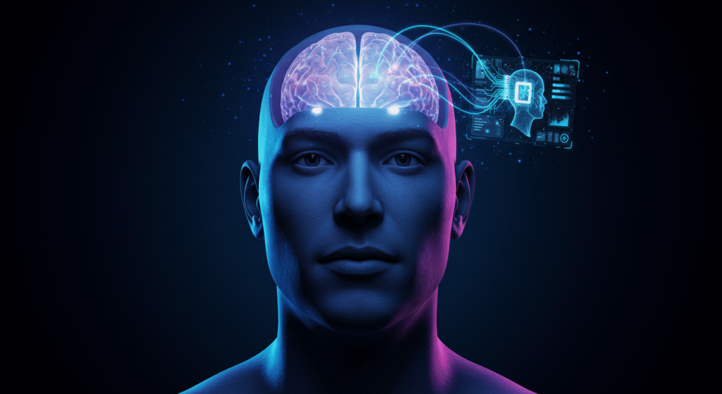 Homem com chip Neuralink no cérebro conectado a interface digital futurista, fundo escuro com luzes tecnológicas.