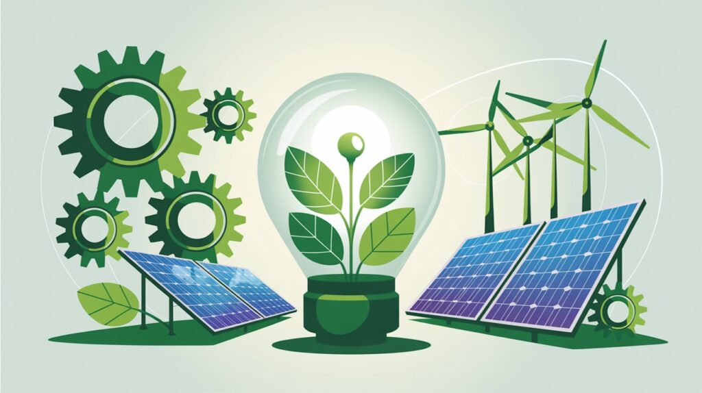 Ilustração conceitual de tecnologias verdes com lâmpada ecológica, engrenagens feitas de plantas, painéis solares e turbinas eólicas, representando a união entre inovação e sustentabilidade.