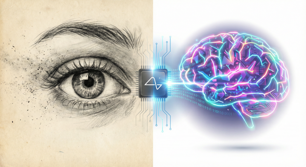 Ilustração conceitual do projeto Blindsight da Neuralink, contrastando o olho biológico com o chip conectado diretamente ao córtex visual.