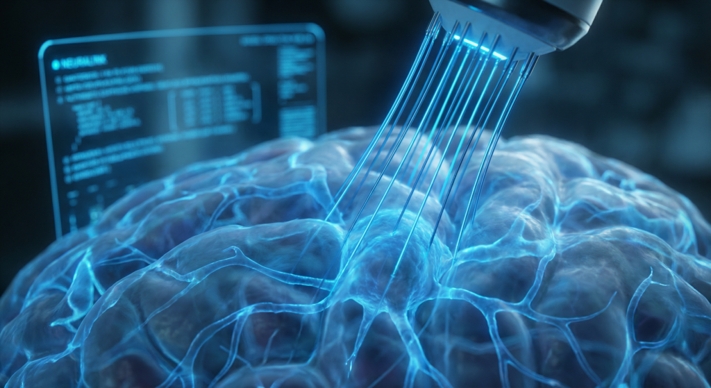 Ilustração futurista dos eletrodos do Neuralink penetrando o tecido cerebral com luzes azuis representando atividade neural.