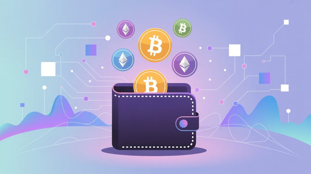 Ilustração representando uma carteira digital com criptomoedas como Bitcoin e Ethereum, rodeadas por símbolos tecnológicos e blockchain.