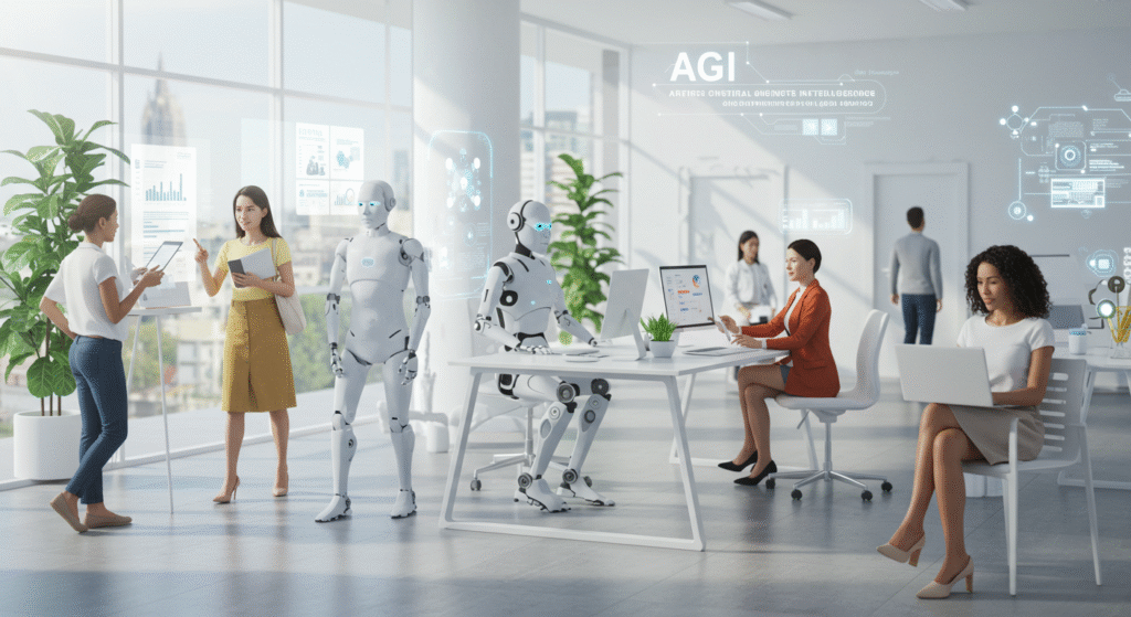 Imagem futurista mostrando a inteligência artificial geral (AGI) transformando a vida cotidiana