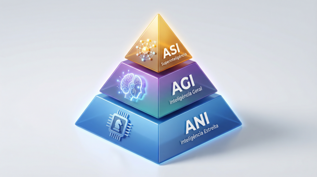 Infográfico em formato de pirâmide comparando os três níveis de Inteligência Artificial: a base representa a ANI (Inteligência Estreita), o meio a AGI (Inteligência Geral) e o topo a ASI (Superinteligência), ilustrando a evolução da capacidade da IA.
