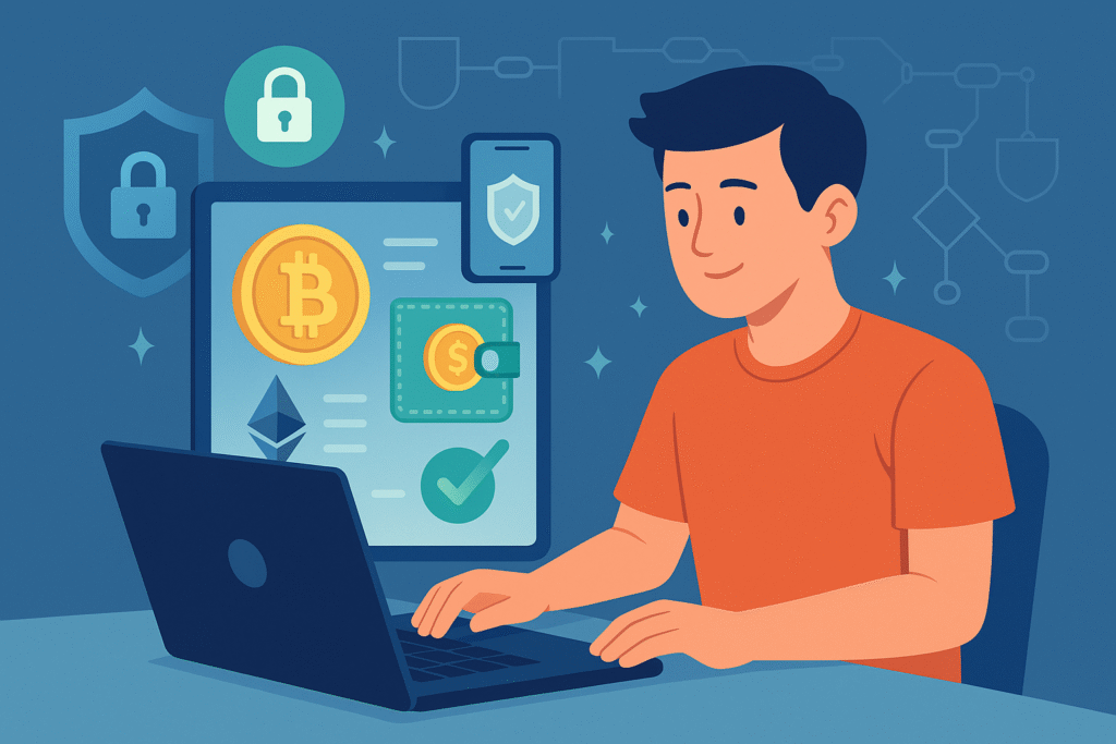 Imagem de uma pessoa iniciando investimentos em criptomoedas com segurança, com símbolos de proteção digital e carteira cripto em destaque.