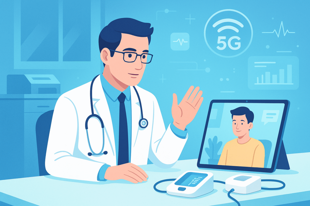 Médico atendendo paciente por videoconferência com auxílio de tecnologia 5G, representando avanços da telemedicina e monitoramento remoto em tempo real.