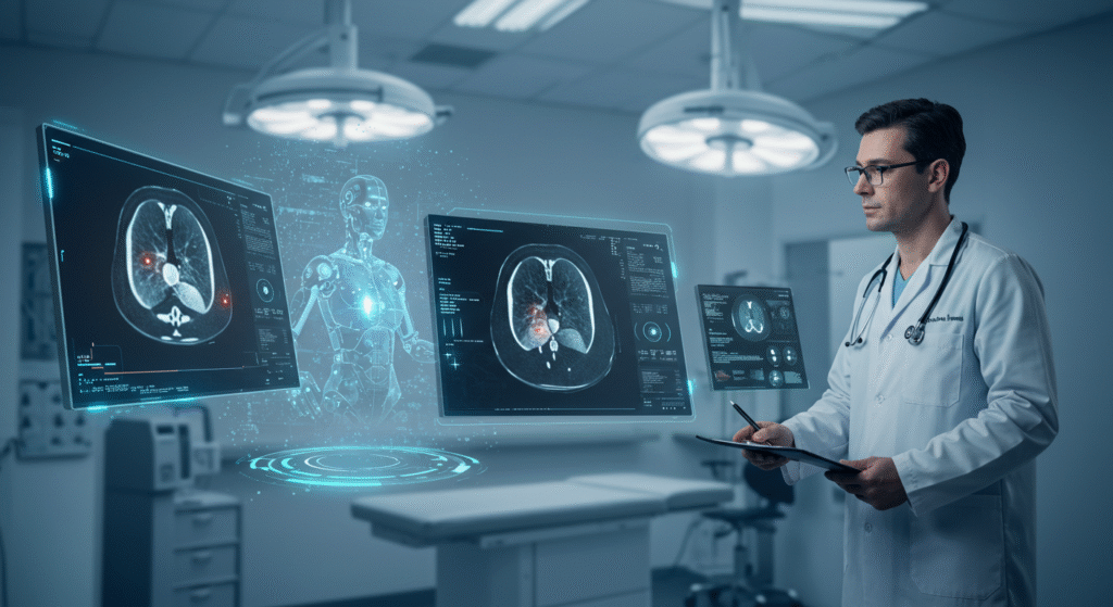Representação de uma inteligência artificial médica analisando exames com alta precisão, auxiliando um médico em um ambiente hospitalar moderno.