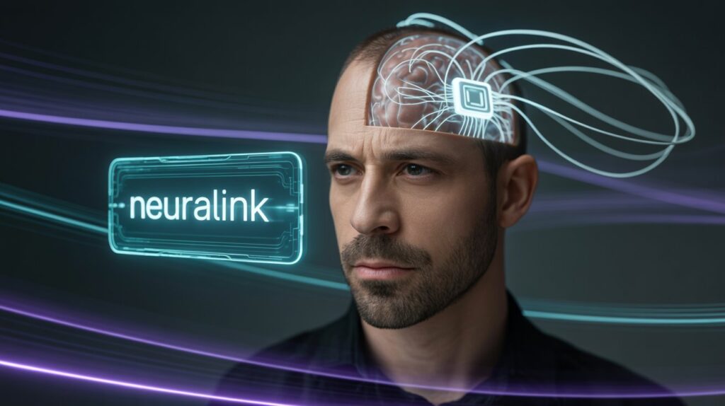 Homem com expressão neutra olhando para frente, com parte do crânio transparente exibindo um chip cerebral futurista conectado ao cérebro. Fios luminosos saem do chip em direção a uma interface digital flutuante. Fundo escuro com luzes azul e roxa, representando tecnologia avançada e o conceito de conexão entre mente e computador.
