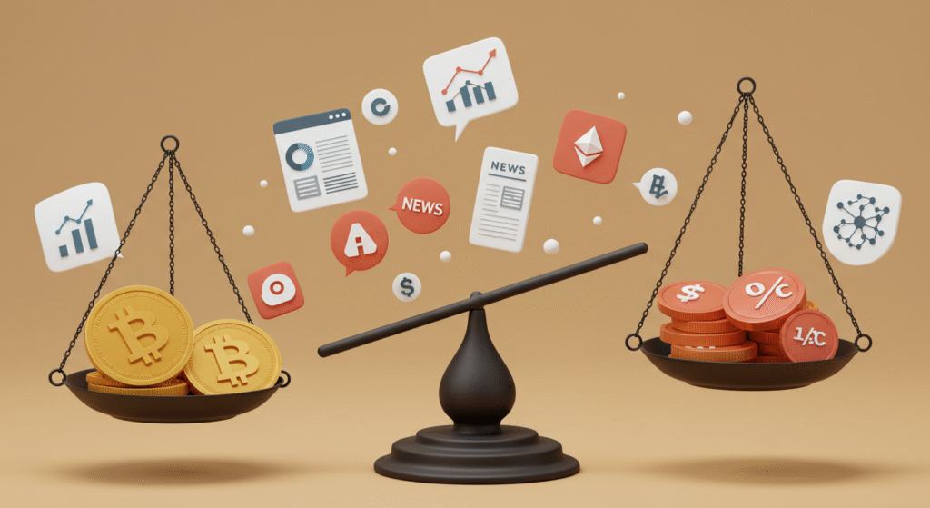 Ilustração em estilo digital mostrando uma balança com criptomoedas de um lado e ícones de oferta, demanda, utilidade e adoção do outro — fatores que influenciam o valor das criptomoedas no mercado.