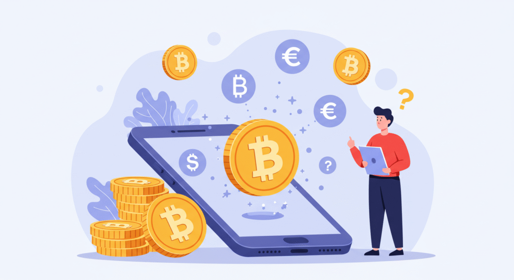 Representação visual de uma criptomoeda surgindo de um smartphone, com ícones de moedas digitais — explicação simples sobre o que são as criptomoedas.
