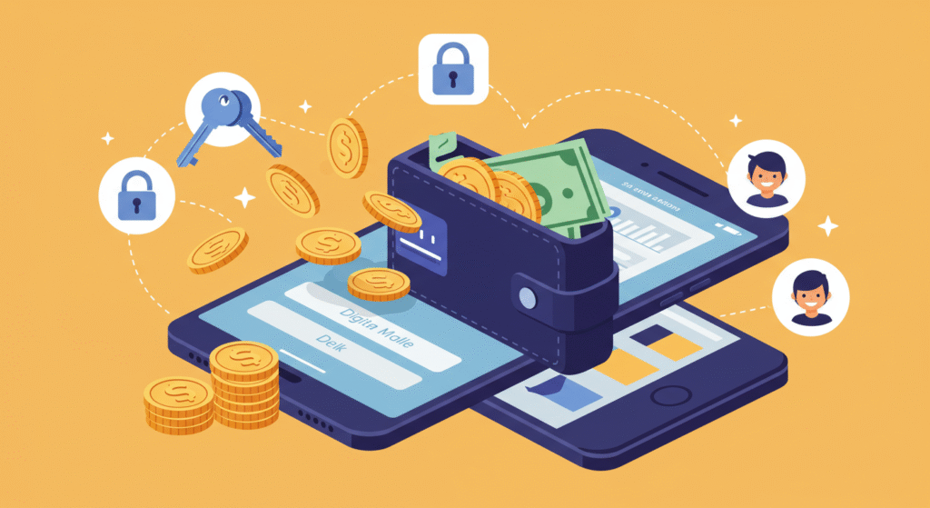Imagem de uma carteira digital exibida em um celular, com moedas virtuais e ícones de segurança — como armazenar criptomoedas com segurança.