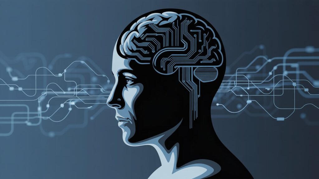 Ilustração digital de perfil humano com cérebro em forma de circuito, representando o conceito de Inteligência Artificial Geral (AGI), em tons de azul sobre fundo escuro.