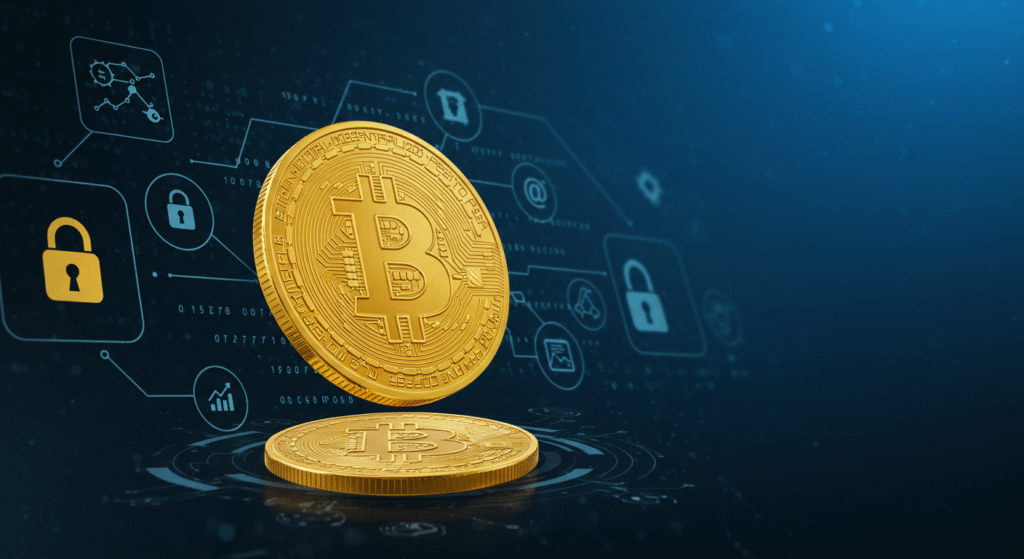 moeda de Bitcoin dourada flutuando sobre um fundo digital com elementos gráficos.