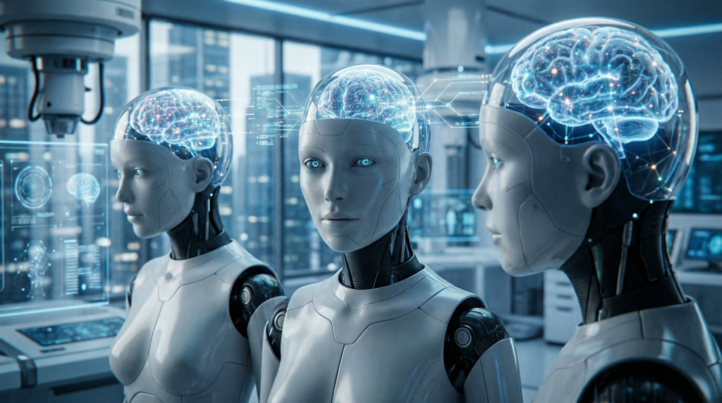 Ilustração conceitual de robôs humanoides avançados representando a AGI, com cérebros digitais e redes neurais visíveis, simbolizando a inteligência artificial geral ganhando forma física.