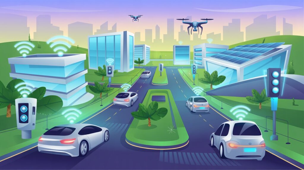 Ilustração de uma cidade inteligente com prédios modernos, semáforos conectados, postes com Wi-Fi, sensores urbanos e carros circulando em harmonia, representando tecnologia e automação nas áreas urbanas.