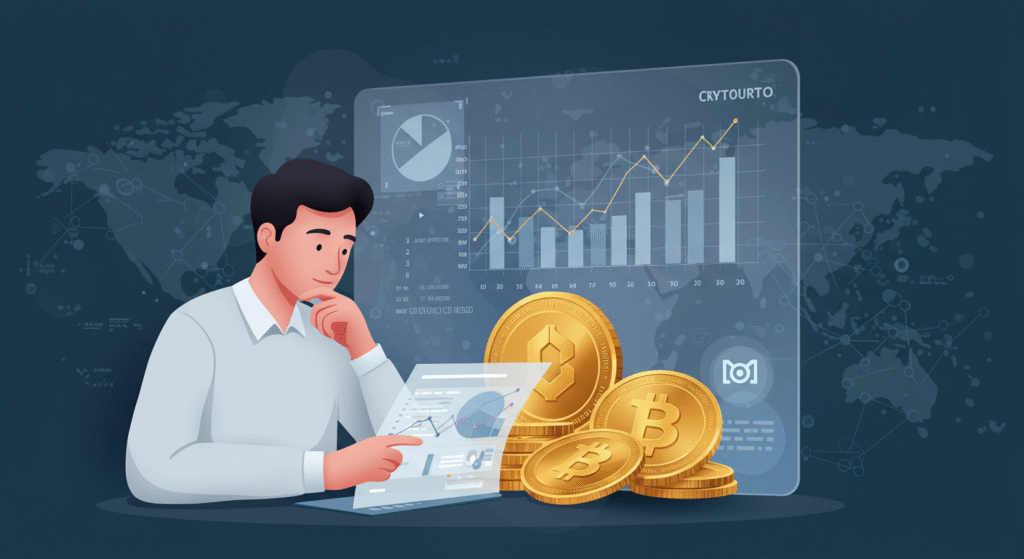 Ilustração digital mostrando investimento em criptomoedas em 2025, com pessoa analisando gráficos de criptomoedas em tela futurista transparente. Fundo com elementos de blockchain e rede digital, representando segurança, maturidade e tecnologia no mercado cripto.