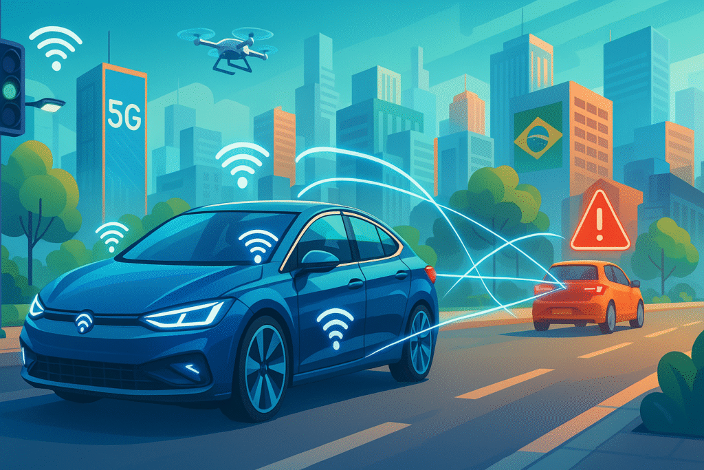 Ilustração de carro conectado em cidade inteligente no Brasil, com tecnologia 5G, Wi-Fi veicular, comunicação entre veículos e elementos urbanos como drones, semáforos inteligentes e painéis digitais
